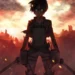 Eren Yeager from Attack on Titan, standing fiercely amidst a fiery, ruined landscape, wielding dual swords with a determined look, his glowing eyes reflecting the devastation around him