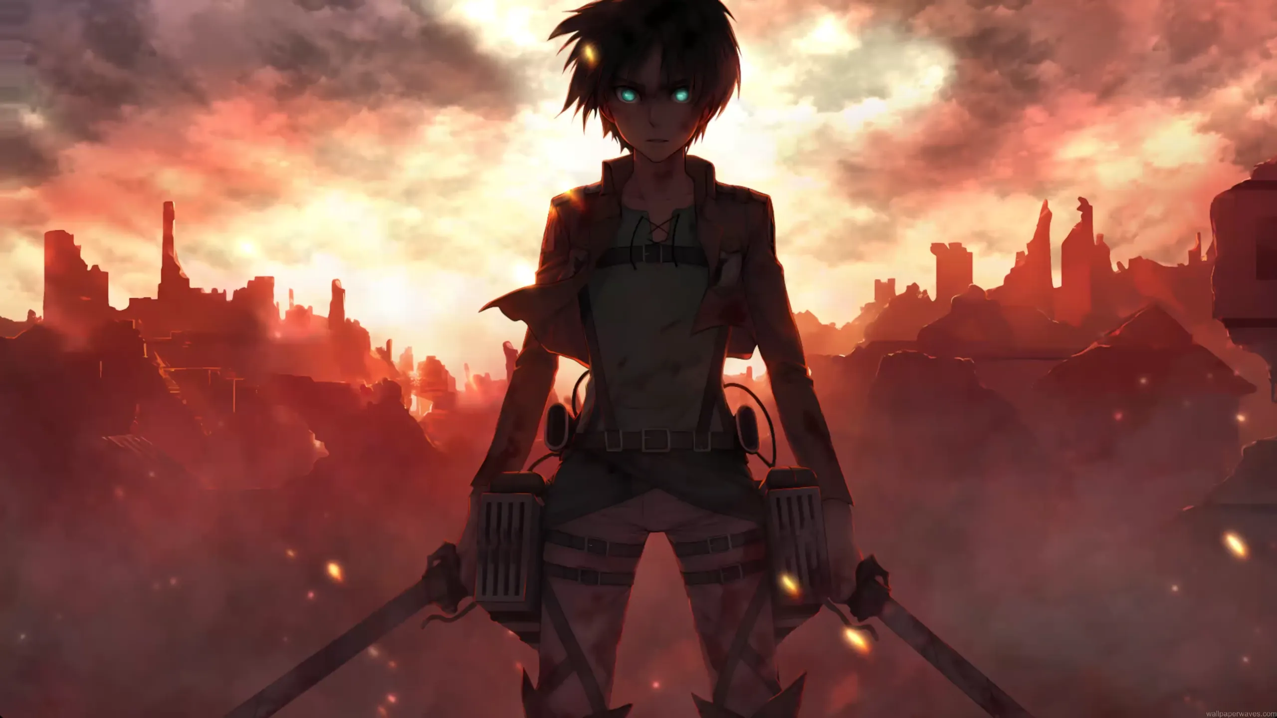 Eren Yeager from Attack on Titan standing with intense expression in front of a burning sky and fluttering Survey Corps cloak – wallpaper.