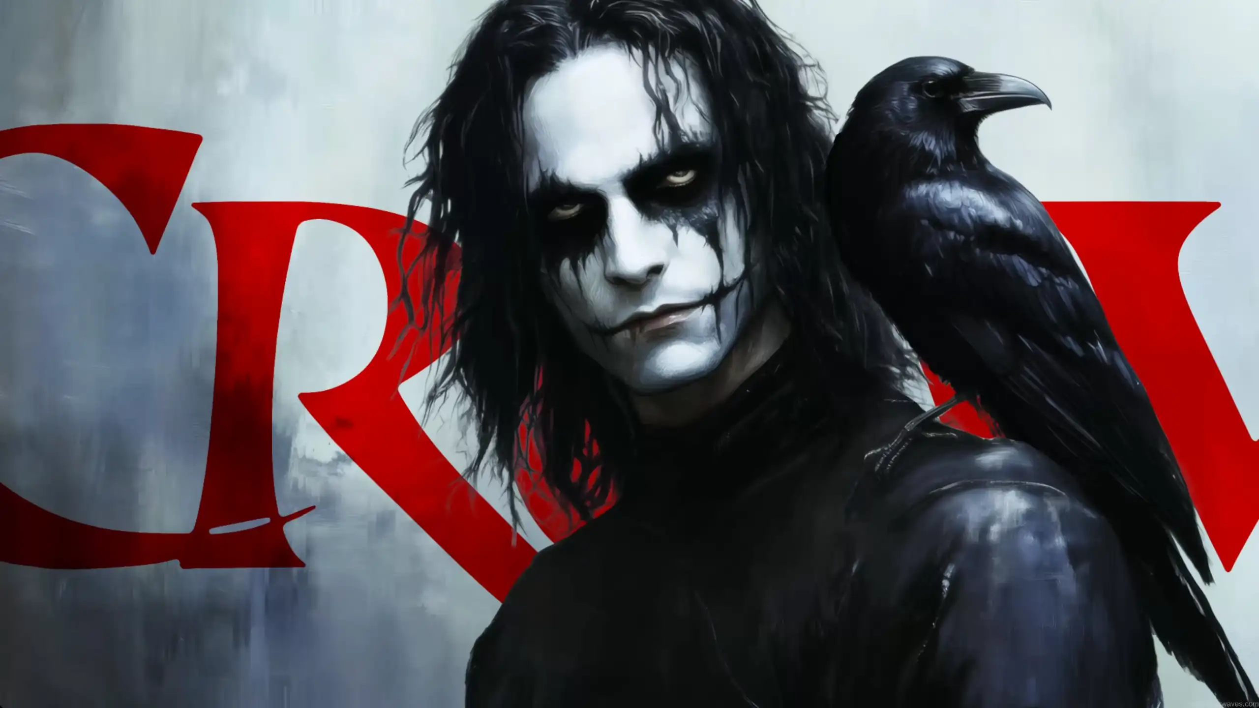 Eric Draven from The Crow standing in the rain with black outfit, pale face paint, and glowing city lights behind him – wallpaper.