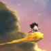 Kid Goku riding the Flying Nimbus above the mountains with a cheerful expression and blue sky in the background – wallpaper.