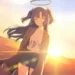 Hayase Yuuka standing calmly in a desert at sunset with a glowing halo and gentle breeze