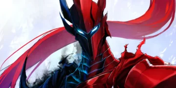 Igris from Solo Leveling, standing tall with his striking red and black armor, glowing blue eyes, and a dramatic flowing red cape, emanating a powerful, heroic presence
