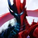 Igris from Solo Leveling, standing tall with his striking red and black armor, glowing blue eyes, and a dramatic flowing red cape, emanating a powerful, heroic presence