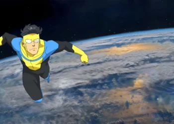 Invincible soaring through space with Earth in the background, showcasing the superhero in action with his iconic yellow and blue costume