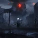 A mysterious figure with long white hair, holding a sword, stands in the midst of a ruined cityscape as a glowing red eye looms ominously in the stormy sky above