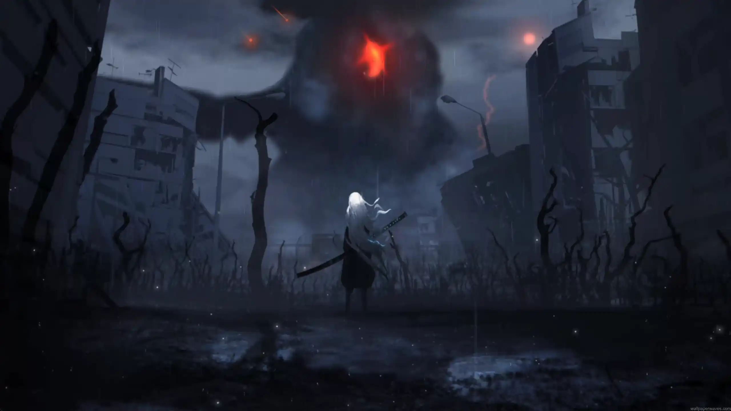 A mysterious figure with long white hair, holding a sword, stands in the midst of a ruined cityscape as a glowing red eye looms ominously in the stormy sky above
