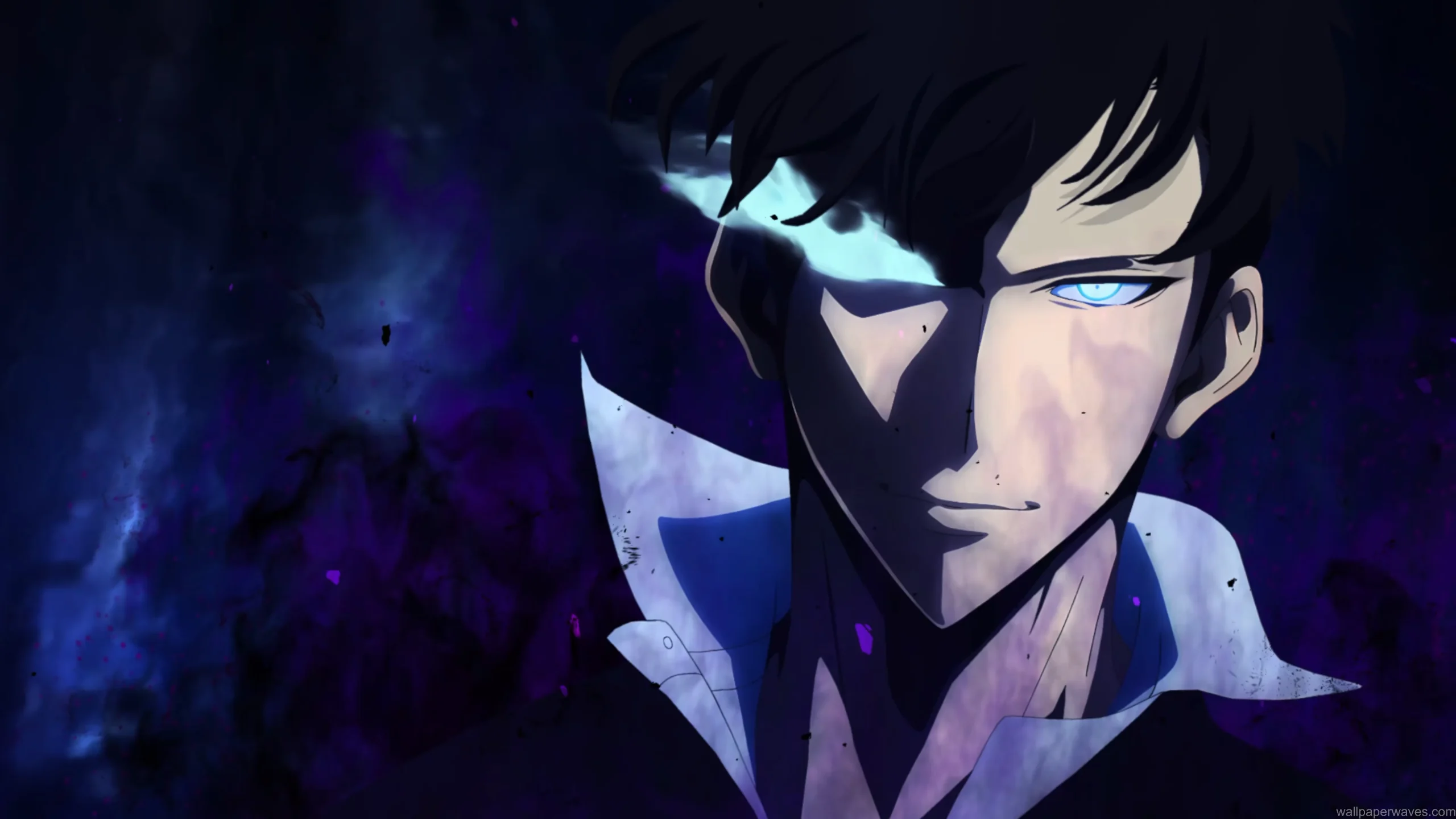 Sung Jin-Woo from Solo Leveling raising his hand while summoning shadow soldiers with dark aura and glowing energy – wallpaper.