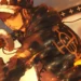 Trafalgar D. Water Law from One Piece, poised with his sword in a fiery, intense scene, his eyes focused and his iconic Jolly Roger symbol glowing brightly in the midst of the chaos