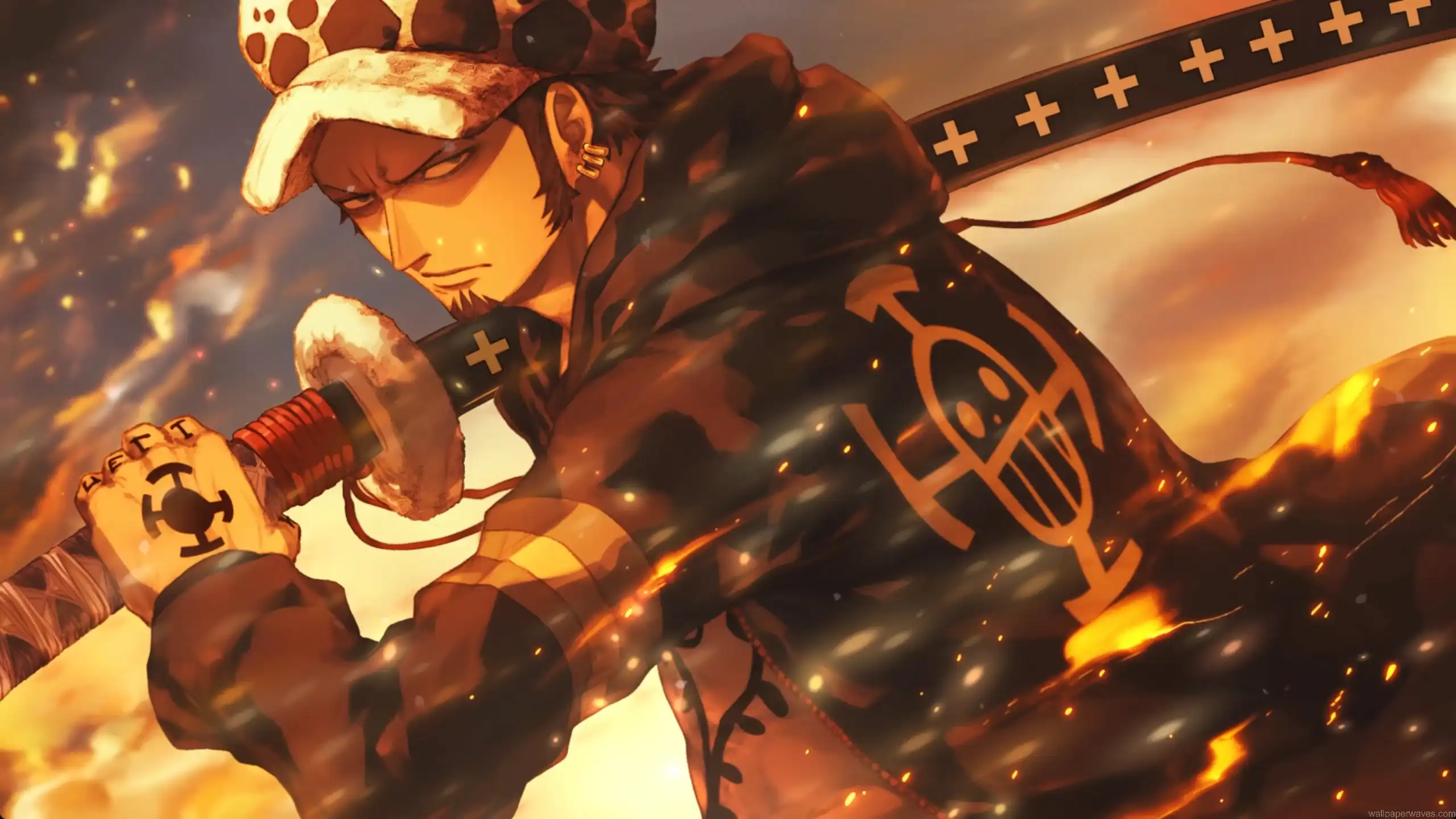 Trafalgar Law from One Piece holding his sword with energy glow and stormy sky behind him, activating Room ability – wallpaper.