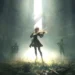 2B from Nier Automata playing violin in ruins with sunlight beam and other android musicians