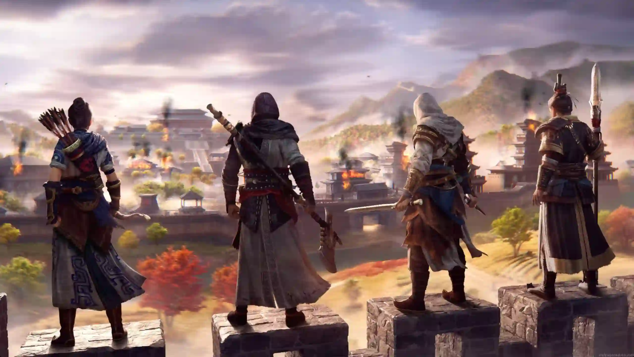 Assassin from Assassin’s Creed Jade standing on a rooftop with twin blades, traditional Chinese scenery and moonlit night behind – wallpaper.