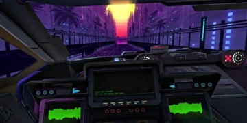 Retro car speeding down a neon-lit cyberpunk highway at night with futuristic city skyline glowing in the background – wallpaper.