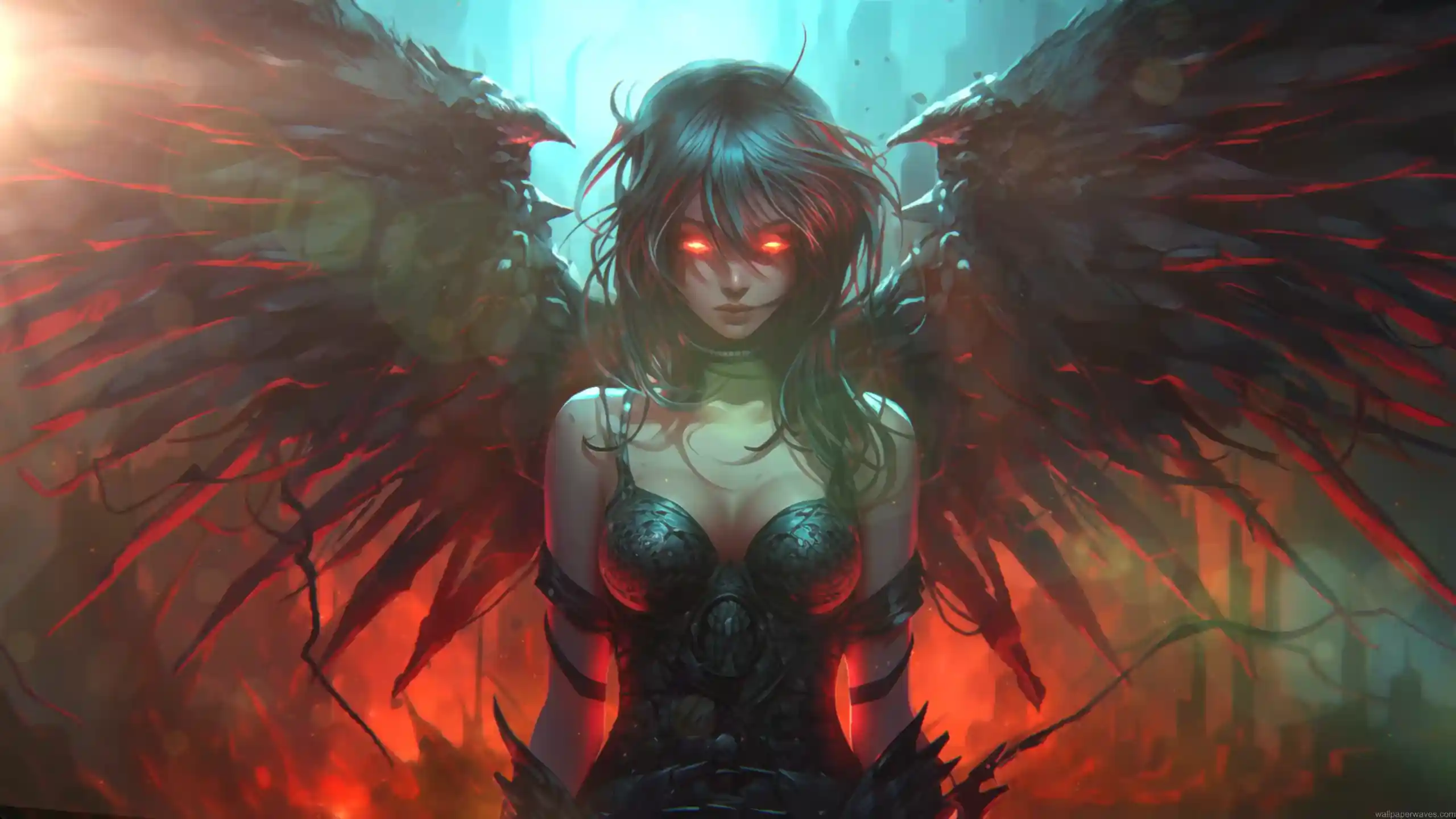 A dark fallen angel standing on a ruined cathedral at dusk with black wings, stormy crimson skies, and drifting feathers – wallpaper.