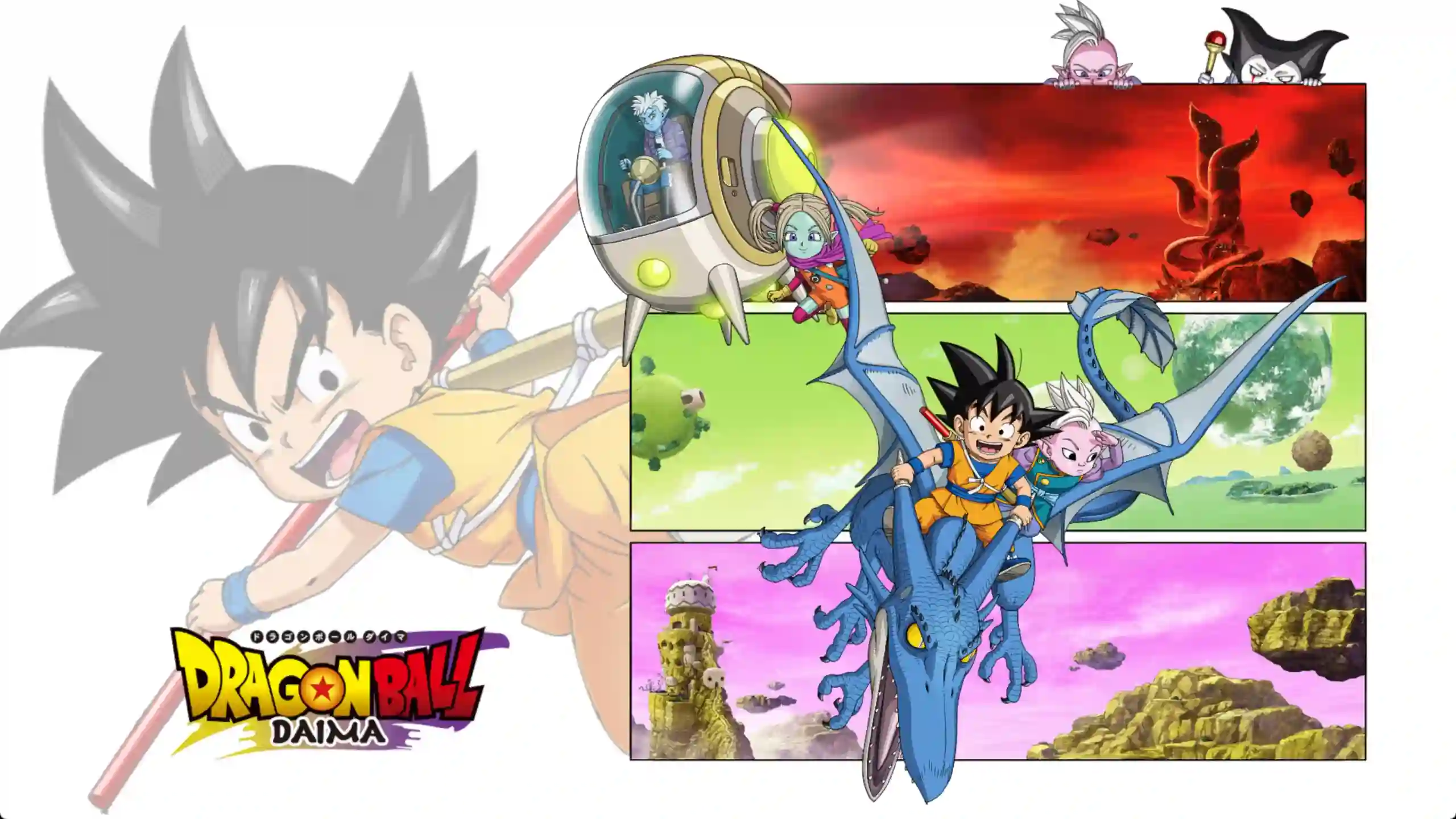 Chibi versions of Dragon Ball characters from Dragon Ball Daima flying and powering up in a colorful cosmic background – wallpaper.