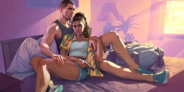 Lucia and Jason from GTA VI sitting on a motel bed, bathed in sunset light with a gun and money bag