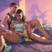 Lucia and Jason from GTA VI sitting on a motel bed, bathed in sunset light with a gun and money bag