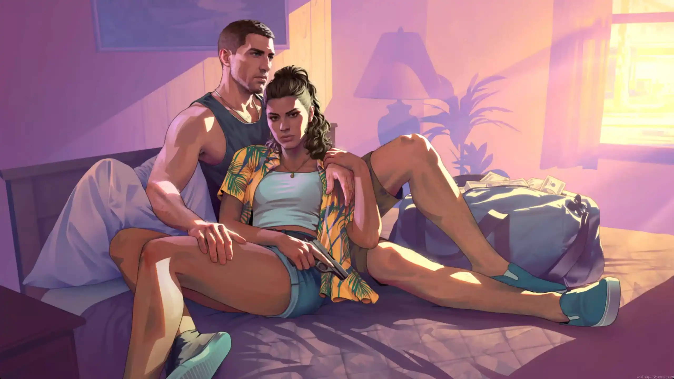 Lucia and Jason from GTA VI sitting in a dimly lit motel room with neon lighting and tense atmosphere – wallpaper.