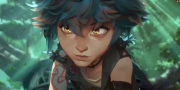 Isha from Arcane crouching in a glowing green forest scene with magical atmosphere – live wallpaper