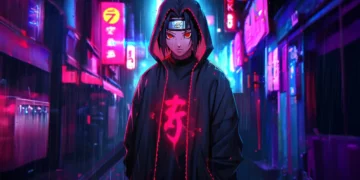 Itachi Uchiha in cyberpunk neon city with glowing Sharingan eyes and hoodie