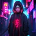 Itachi Uchiha in cyberpunk neon city with glowing Sharingan eyes and hoodie