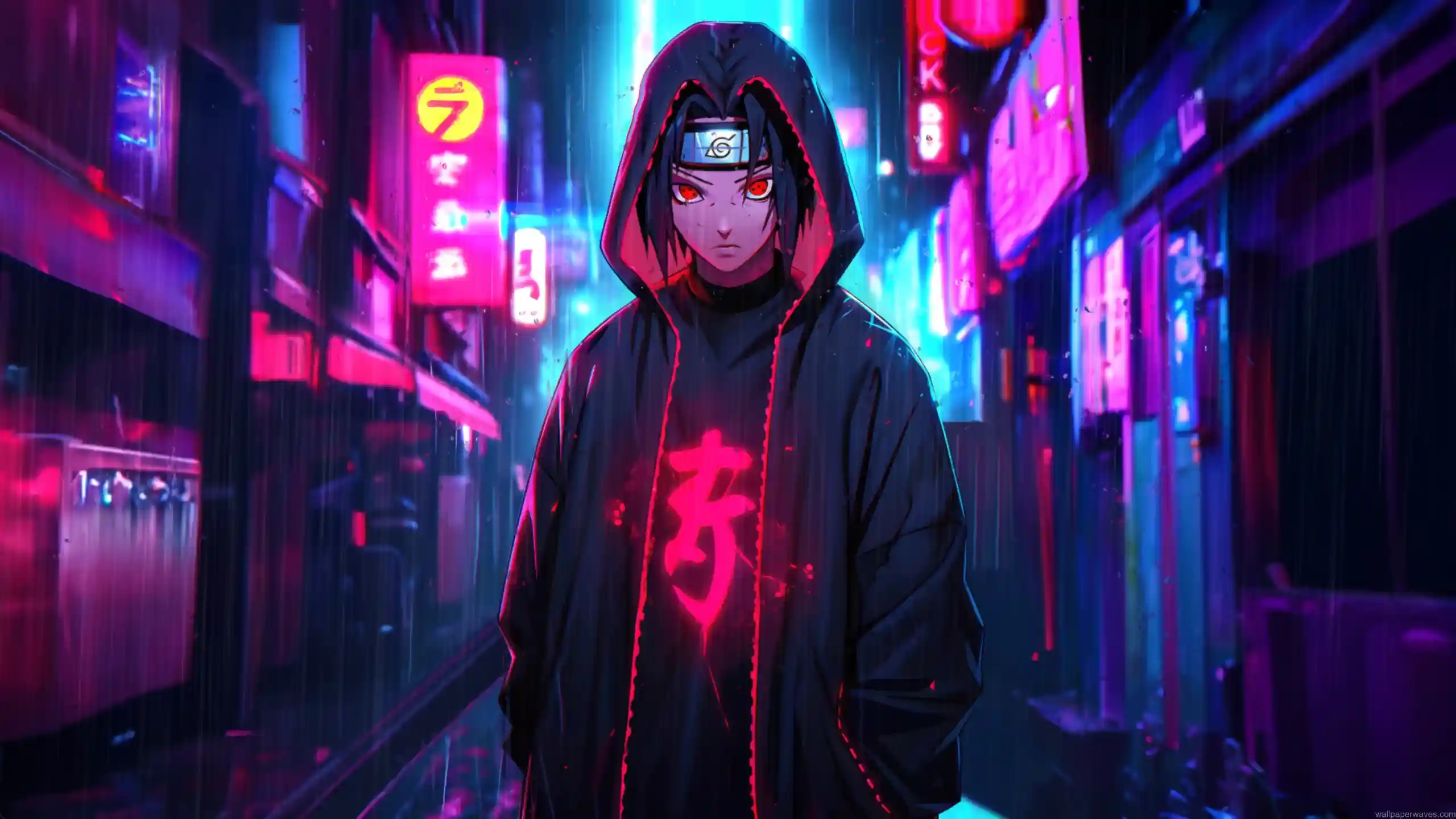 Cyberpunk Itachi Uchiha with glowing red Sharingan standing in a futuristic neon-lit city with electric rain and dark shadows – wallpaper.
