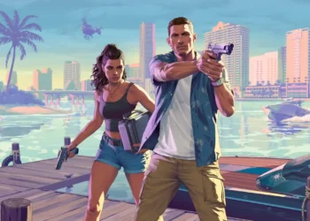 Jason and Lucia from GTA VI standing on a dock with guns, police boat chase in tropical city background