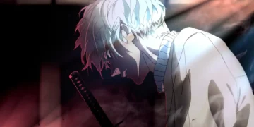 Kei Uzuki from Sakamoto Days standing with a katana in a dark setting, exuding a calm yet intense aura – wallpaper.