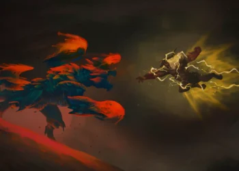 Massive wyvern attacking hunters in a dramatic stormy canyon during an intense boss battle in Monster Hunter Wilds – wallpaper.