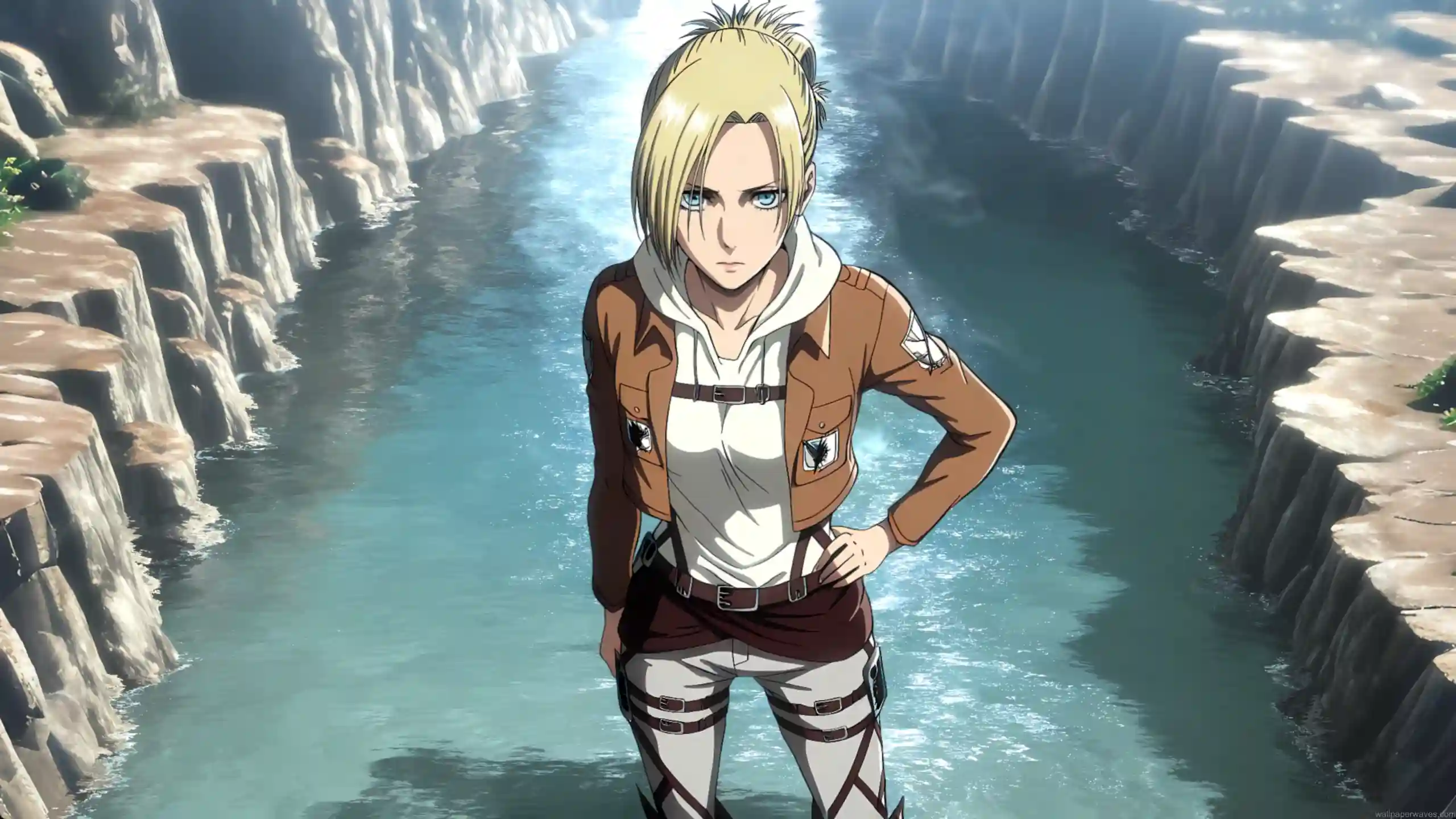 Annie Leonhart from Attack on Titan standing calmly with intense gaze, misty battlefield background, and soft lighting – wallpaper.