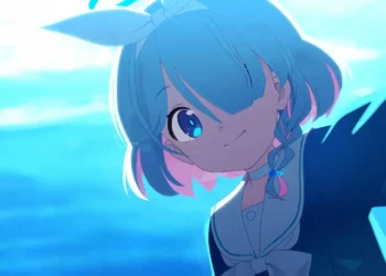 Arona from Blue Archive smiling peacefully by the ocean with gentle waves, a glowing sunset sky, and soft sea breeze effects – wallpaper.