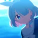 Arona from Blue Archive smiling peacefully by the ocean with gentle waves, a glowing sunset sky, and soft sea breeze effects – wallpaper.