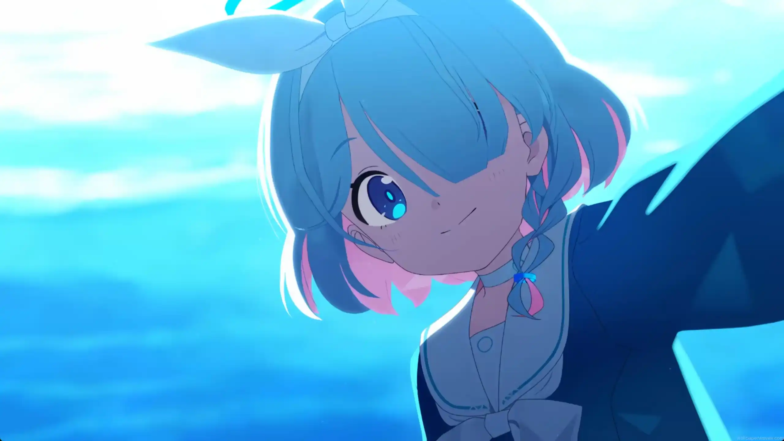 Arona from Blue Archive smiling peacefully by the ocean with gentle waves, a glowing sunset sky, and soft sea breeze effects – wallpaper.