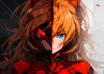 Asuka Langley from Evangelion with dual personas shown in a red-toned scene, one in her school outfit and one in EVA suit reflection – wallpaper.