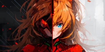 Asuka Langley from Evangelion with dual personas shown in a red-toned scene, one in her school outfit and one in EVA suit reflection – wallpaper.