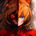 Asuka Langley from Evangelion with dual personas shown in a red-toned scene, one in her school outfit and one in EVA suit reflection – wallpaper.