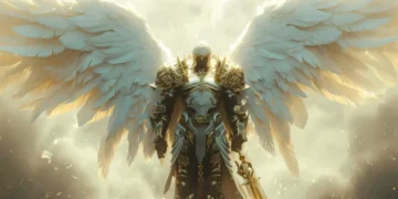 Celestial guardian figure glowing with radiant golden light, large wings, and divine aura in a star-filled fantasy sky – wallpaper.