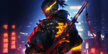 Cyberpunk samurai standing in a neon-lit city with a glowing katana, steam rising, and digital rain falling – wallpaper.