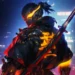 Cyberpunk samurai standing in a neon-lit city with a glowing katana, steam rising, and digital rain falling – wallpaper.