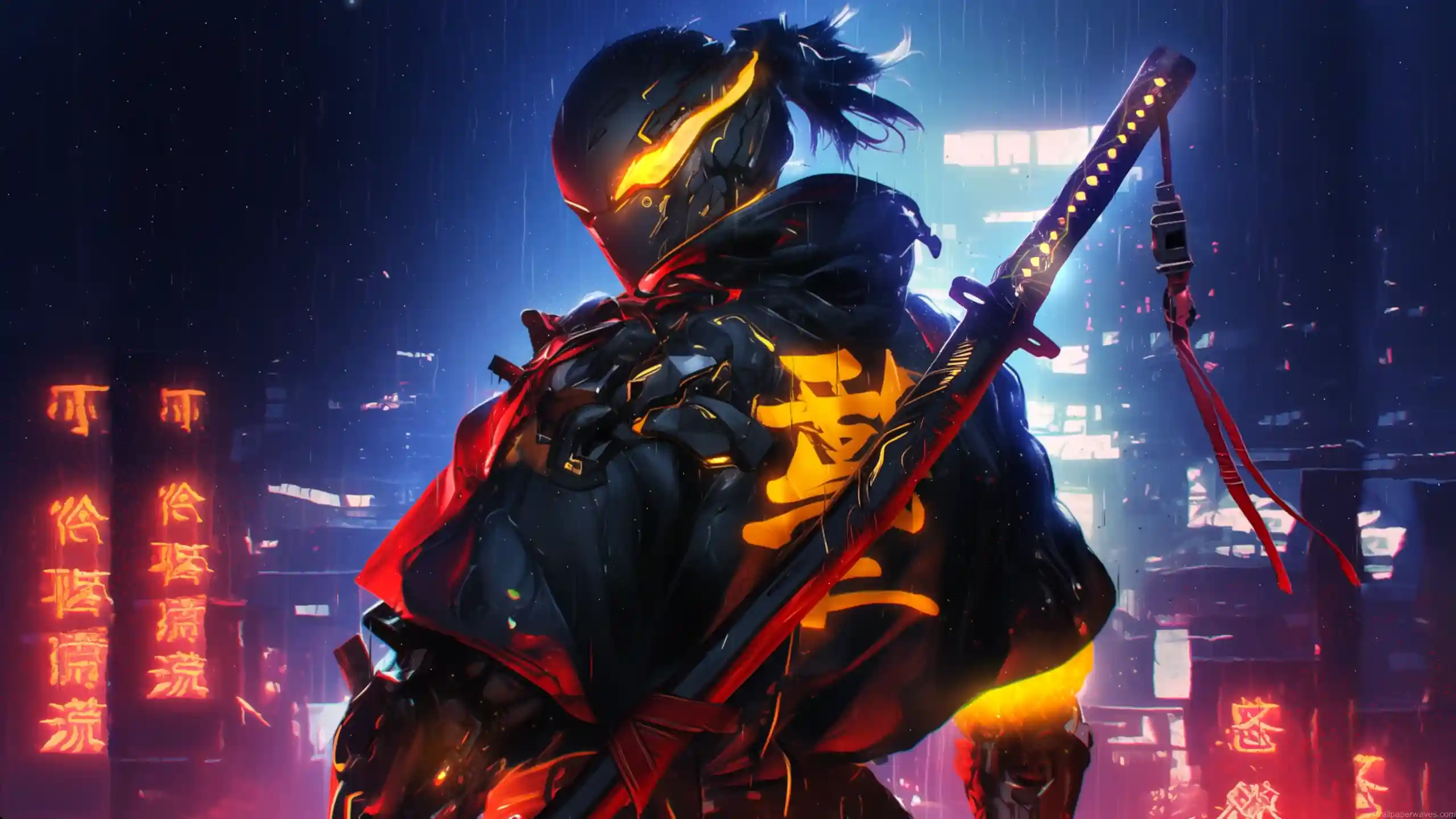 Cyberpunk samurai standing in a neon-lit city with a glowing katana, steam rising, and digital rain falling – wallpaper.
