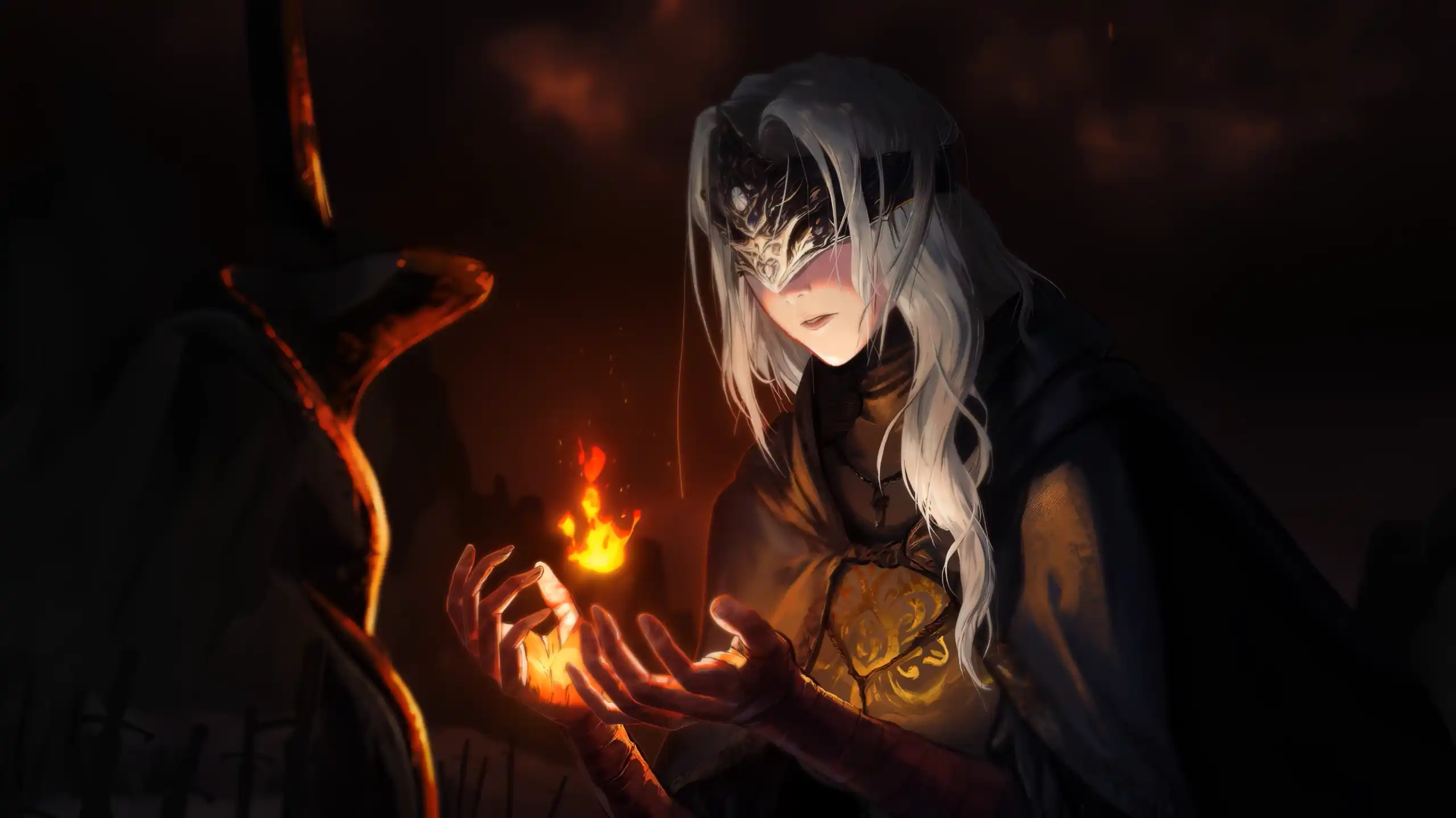 Fire Keeper from Dark Souls holding a glowing flame in a dark shrine, wearing robes and blindfold in a solemn fantasy scene – wallpaper.