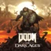 Doomslayer in dark medieval armor standing in a fiery battlefield with demonic ruins and glowing red sky in DOOM: The Dark Ages – wallpaper.