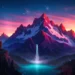 Fantasy landscape of glowing starry night sky above tall snow-covered mountains and drifting clouds – wallpaper.