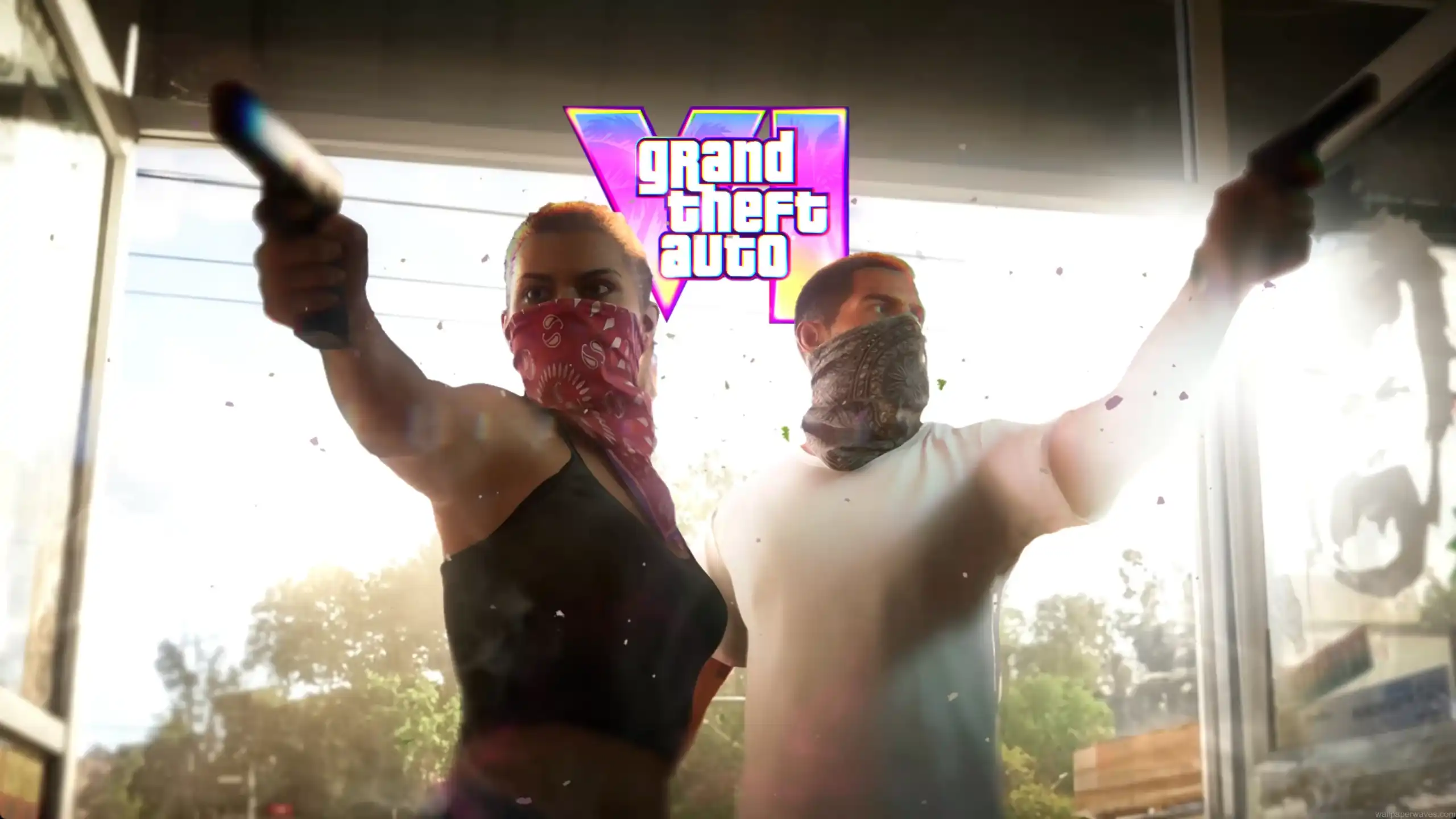 Lucia and Jason from GTA 6 standing ready for a heist in a neon-lit city scene with getaway car and palm trees – wallpaper.