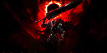 Guts in Berserker Armor under a red eclipse with a massive sword and dark aura, surrounded by chaos and lightning – wallpaper.