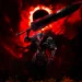 Guts in Berserker Armor under a red eclipse with a massive sword and dark aura, surrounded by chaos and lightning – wallpaper.