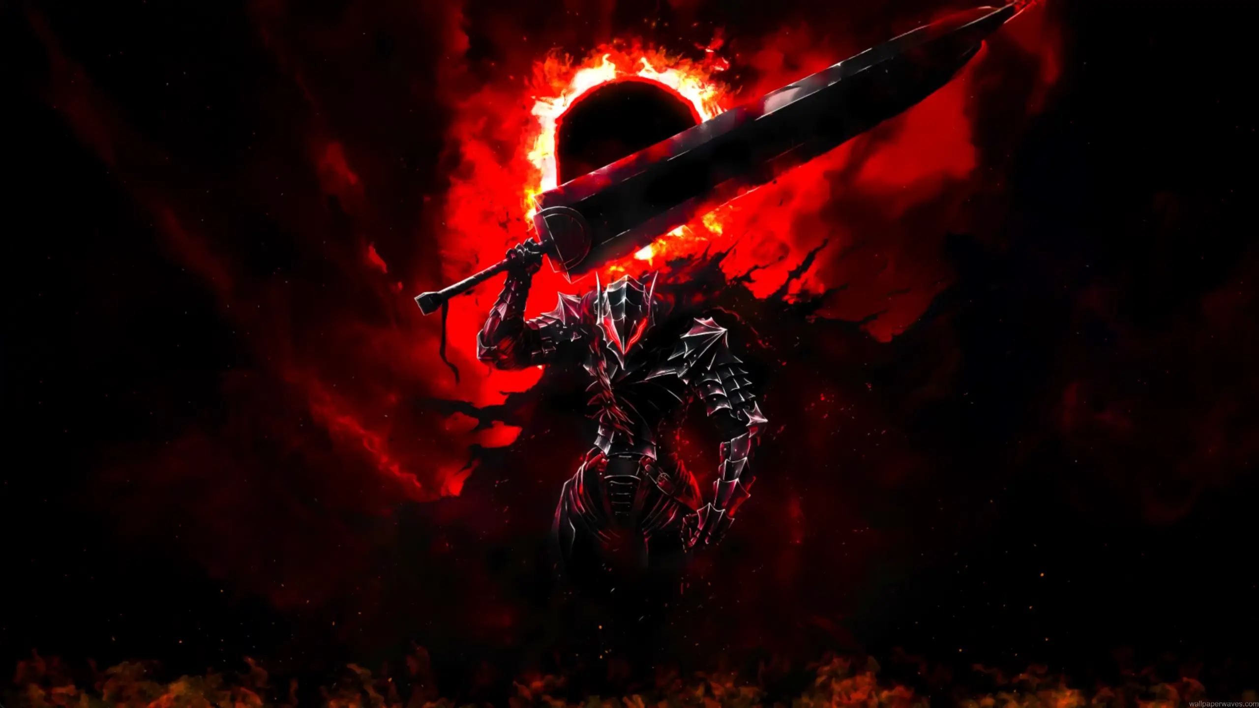 Guts in Berserker Armor under a red eclipse with a massive sword and dark aura, surrounded by chaos and lightning – wallpaper.