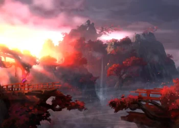 Japanese mountain forest landscape with mist, glowing sunrise, tall trees, and flowing stream – wallpaper.