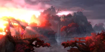 Japanese mountain forest landscape with mist, glowing sunrise, tall trees, and flowing stream – wallpaper.