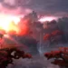 Japanese mountain forest landscape with mist, glowing sunrise, tall trees, and flowing stream – wallpaper.