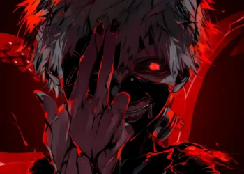Kaneki Ken from Tokyo Ghoul glowing with red aura, one ghoul eye active, surrounded by dark shadows and intense atmosphere – wallpaper.
